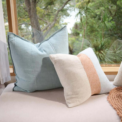 Tallows Linen Cushion Natural/Ochre/Blue Home on Darley Mona Vale