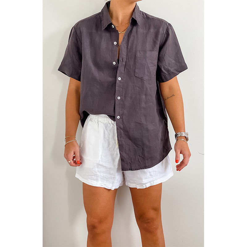 Charcoal French Linen shirt white linen shorts Home on Darley Home decor Mona Vale