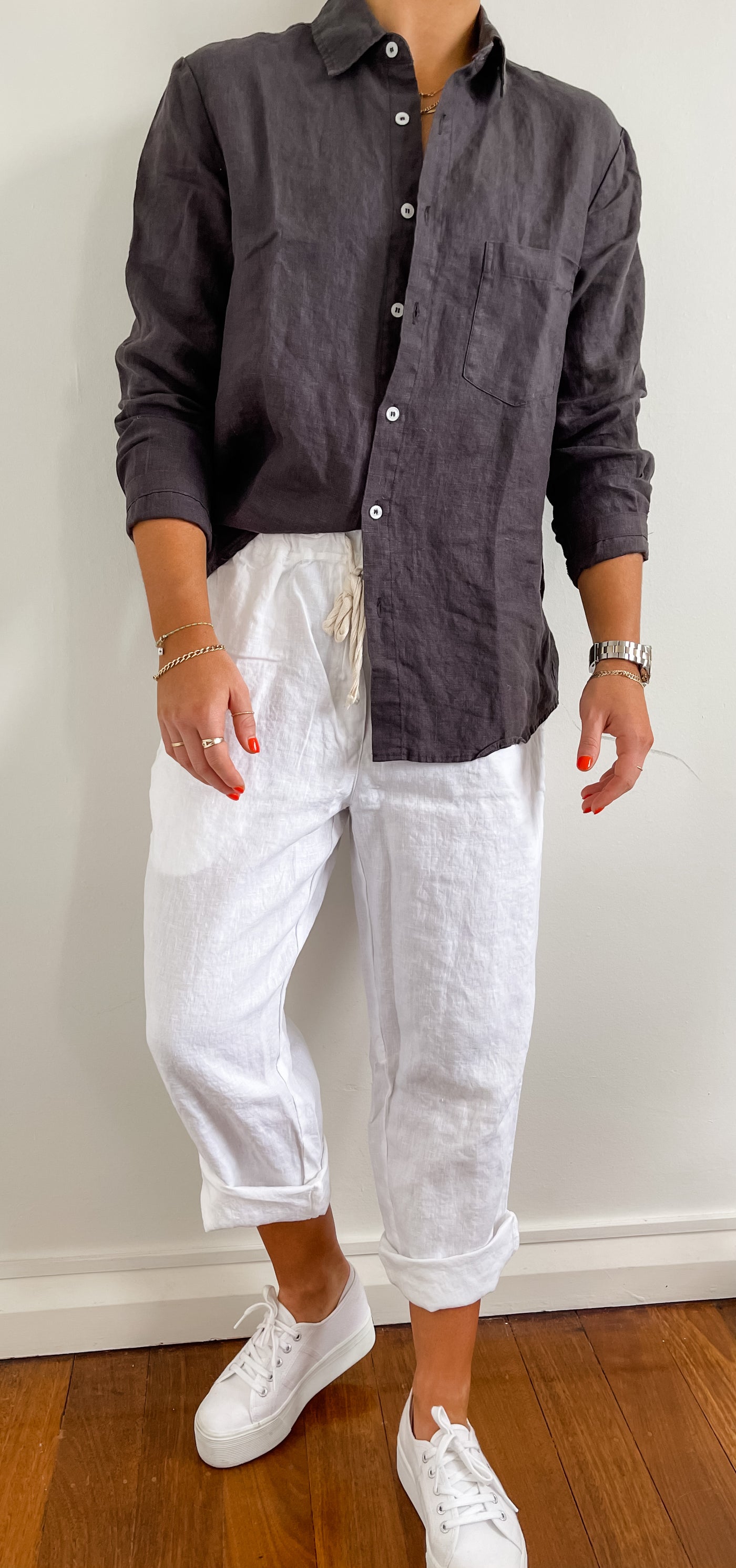 Charcoal French Linen shirt white linen Long Pants Home on Darley Home decor Mona Vale