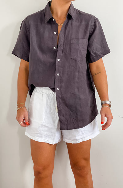 Charcoal French Linen shirt white linen shorts Home on Darley Home decor Mona Vale