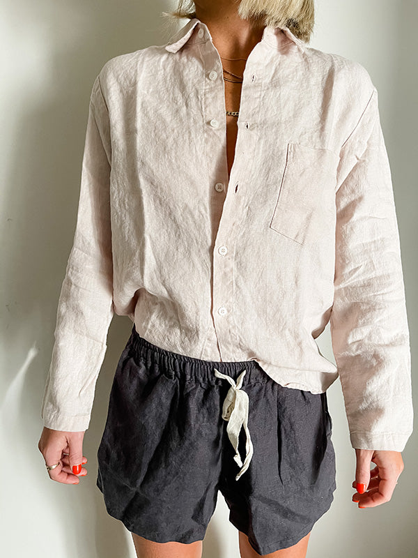 Beige French Linen shirt black linen shorts Home on Darley Home decor Mona Vale