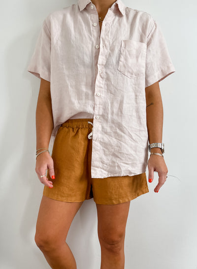 Dusty Pink French Linen Short Sleeve Shirt - Home On Darley Sydney French Linen Loungewear