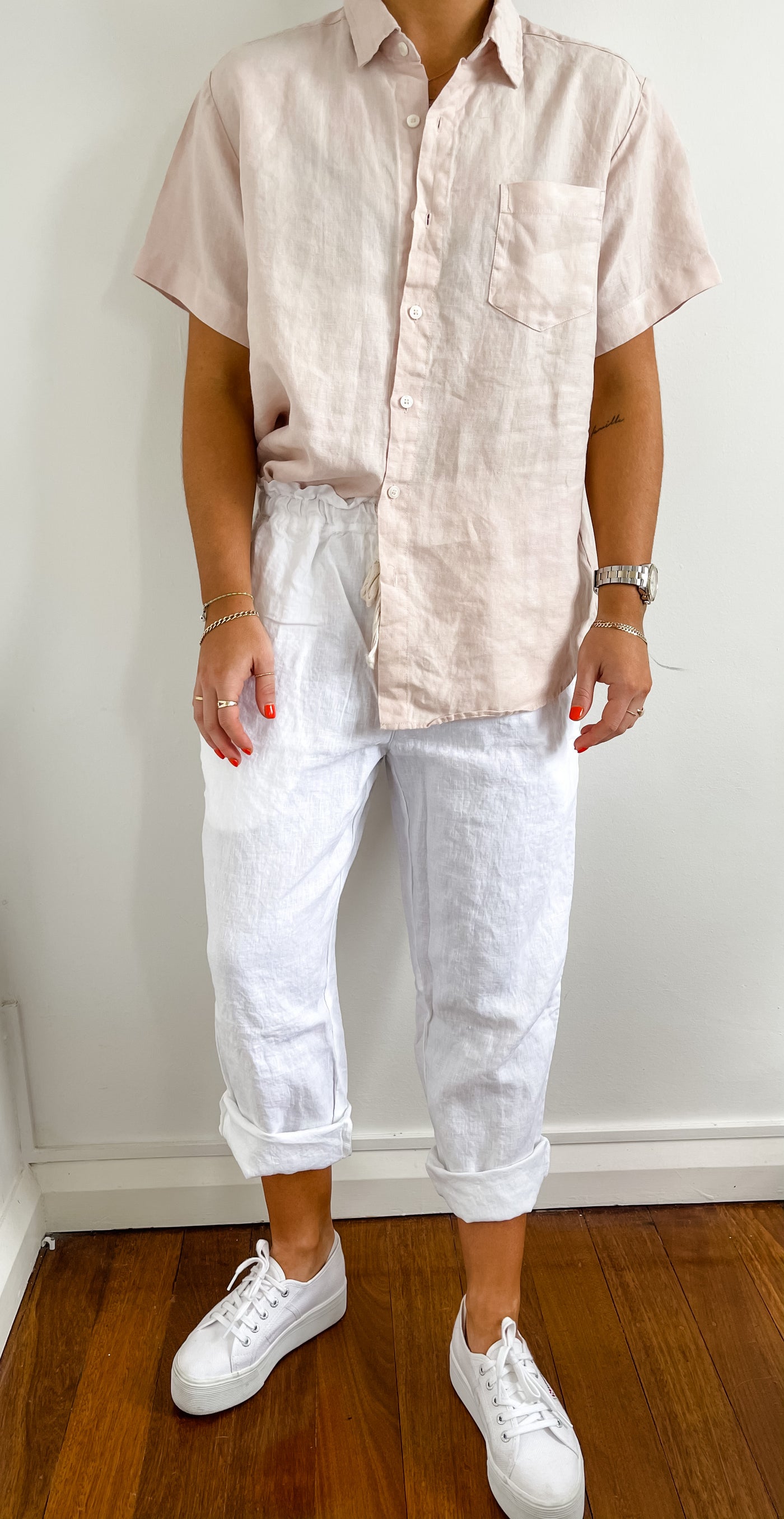 Dusty Pink French Linen Short Sleeve Shirt - Home On Darley Sydney French Linen Loungewear