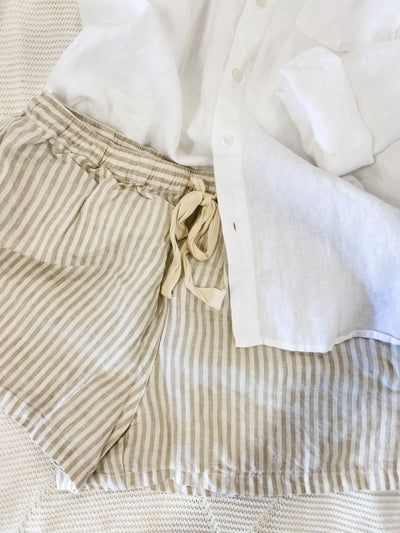 Beige Stripe French Linen Shorts - Home On Darley Sydney French Linen Loungewear