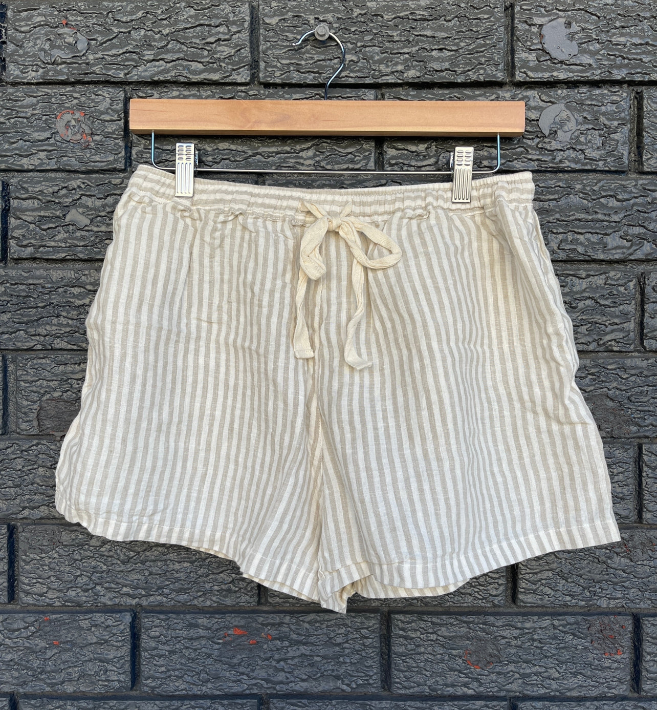 Beige Stripe French Linen Shorts - Home On Darley Sydney French Linen Loungewear