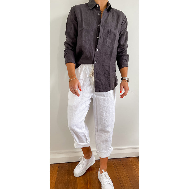 Charcoal French Linen shirt white linen Long Pants Home on Darley Home decor Mona Vale