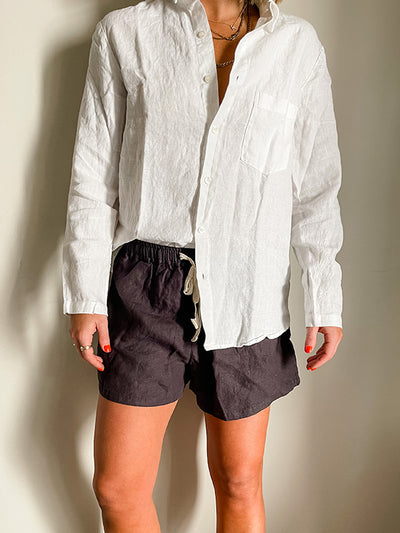 White French Linen shirt black linen shorts Home on Darley Home decor Mona Vale