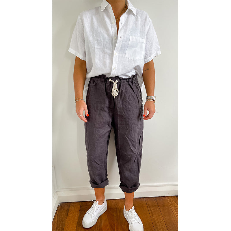 Charcoal French Linen Long Pants white linen top Home on Darley Home decor Mona Vale