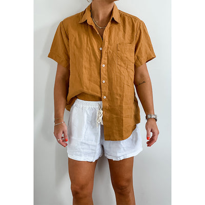 Clay French Linen Short Sleeve Shirt - White French Linen Short Sleeve Shirt - Home On Darley Sydney French Linen Loungewear