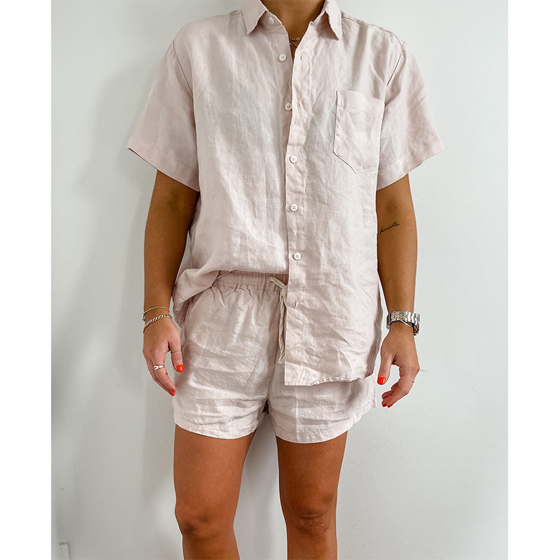 Dusty Pink French Linen Short Sleeve Shirt - Home On Darley Sydney French Linen Loungewear