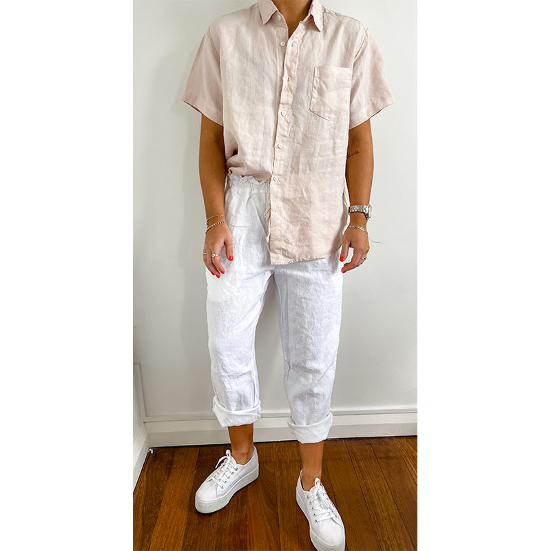 Dusty Pink French Linen Short Sleeve Shirt - Home On Darley Sydney French Linen Loungewear